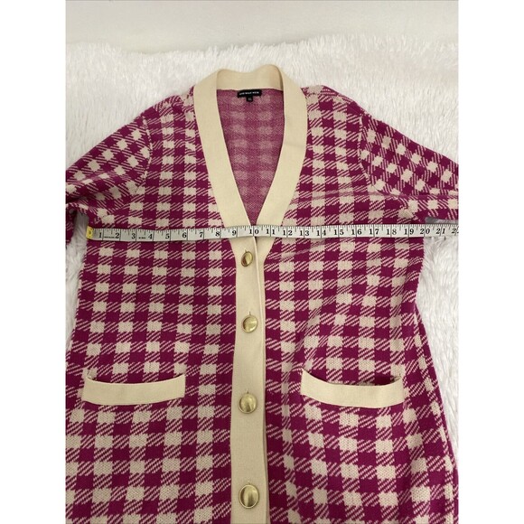 Who What Wear Cardigan Long Sweater Size M Pink Houndstooth Gold Buttons Pockets - Picture 12 of 14